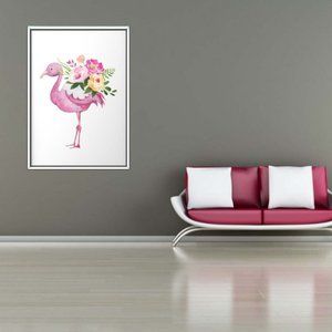 Watercolor flamingo flower bunch on back art print